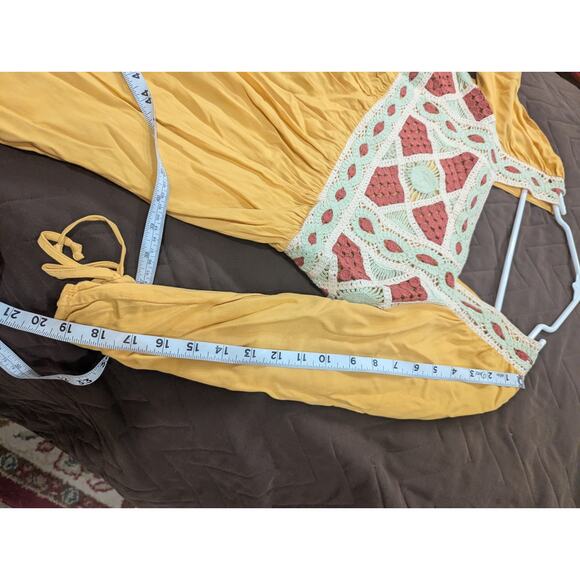 Peasant style slashed sleeves empire-waisted mustard dress w/crochet detailing S - Picture 12 of 13